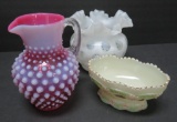 Cranberry hobnail pitcher, coin dot vase and Northwood custard glass dish