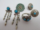 Native American Jewelry lot, turquoise and silver, earrings, pin and ring