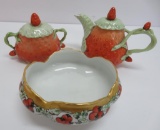 Edwardian era strawberry teapot , covered sugar bowl, and Malmaisen Germany cherry footed dish
