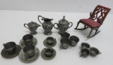 Vintage miniature metal doll dishes and toy rocker