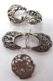 Two ornate sterling earrings and pin