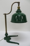 Nice green metal shade brass arm table lamp with metal base, working, 20
