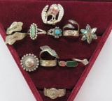 12 assorted rings, inlay abalone, turquoise, patterned and Kiwi pin
