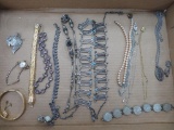 Assorted costume jewelry lot, two watches, necklaces, bracelets, religious medals