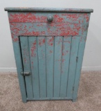 Interesting distressed painted rustic single door lift top cabinet