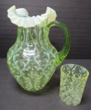 Vasoline glass pitcher and tumbler, Spanish lace, opalescent