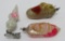 Three German glass ornaments, slipper with cat, standing rabbit with drum & slipper, 3 1/2