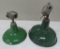Two green enamel gas station light fixtures, 12