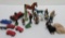 Assorted toys, metal figures, tin cars, plastic horses and compo dollhouse dolls