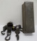 Industrial metal lot, pulleys, tail light, 8 ball and metal Sanitary tin