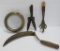 Vintage garden tools, circle sprinkler, scythe, rake and clipper