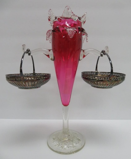 Cranberry glass epergne vase with two silver baskets, 12"
