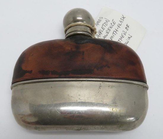 Leather wrapped hip flask, 4 1/2"