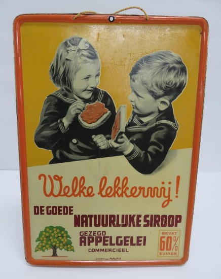 1931 Dutch advertising sign, The Good Natural Syrup, Apple Jelly, metal, 9 1/2" x 13 1/2"