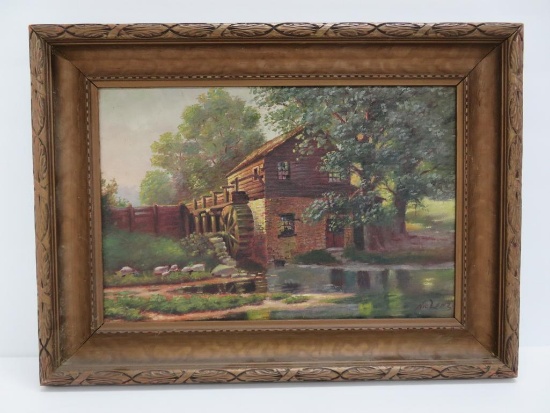 Nic Lenz oil painting of water wheel mill, framed 19" x 14"