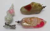 Three German glass ornaments, slipper with cat, standing rabbit with drum & slipper, 3 1/2