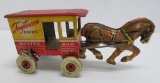 Vintage Toytown Dairy tin wind up horse drawn delivery toy, 10