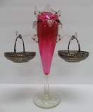 Cranberry glass epergne vase with two silver baskets, 12