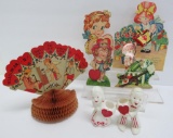 Five vintage Valentines and two Rosbro candy heart valentine figures