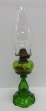 Green patterned glass oil lamp, inverted heart, 16