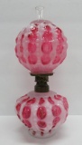 Miniature oil lamp, cranberry opalescent coin dot, 11