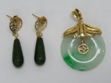 Jade and gold pendant and earrings