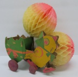 Vintage Easter lot, chick pulling cart and two paper balls- pastel