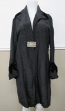 Vintage black jacquard style patterned jacket with velvet trim and rhinestone pin