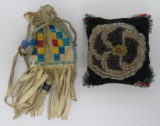 Woodland Native American leather coin purse and beaded pin cushion