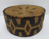 Ethnic woven basket with cover, 7 1/2
