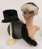 Vintage black and white striped Boston Store hat box, two hats and feathers