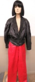 1980's style black leather jacket and red leather pants