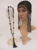 Egyptian Revival head piece and black glass beaded long necklace