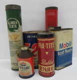Six automotive tins, oil, tire repair, grease and coolant