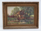 Nic Lenz oil painting of water wheel mill, framed 19