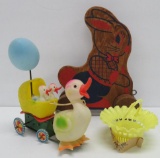 Vintage Easter collectibles, wind up,pull toy and basket