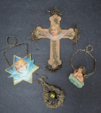 Four antique tinsel and paper scrap ornaments, 4