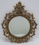 Ornate metal mirror, bevel glass, round, 14
