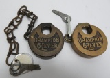 Two Champion 6 Lever locks with keys, working, 2 1/2