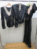 Three vintage black satin garments, two tops and dress