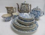 17 pieces of blue and white transferware, wildflowers