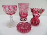 Etched cranberry glasses, vase and master salt, 1