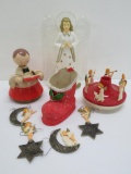 Vintage Christmas items, ornaments, tree topper , candy container boot, and musical candle holder