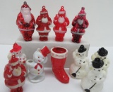 11 Plastic Christmas ornaments, snowmen, boot and Santas, 3