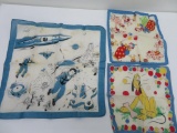 Three vintage child's handkerchiefs, Space, clowns and Disney Pluto, 12