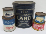 Five vintage metal kitchen tins, Lard, coffee, and shortening