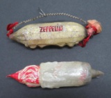 Antique Zeppelin and candle glass ornaments, 4 1/2