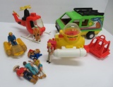 Vintage Fisher Price toys, Beach buggy, helicopter, sea sled and submarine