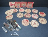 19 vintage coasters and 16 bottle openers
