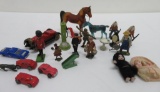 Assorted toys, metal figures, tin cars, plastic horses and compo dollhouse dolls
